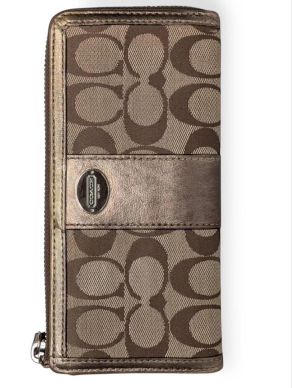 Coach Wallet Signature Monogram Bronze Tan Metallic Stripe Canvas & Leather Zip - Picture 2 of 11